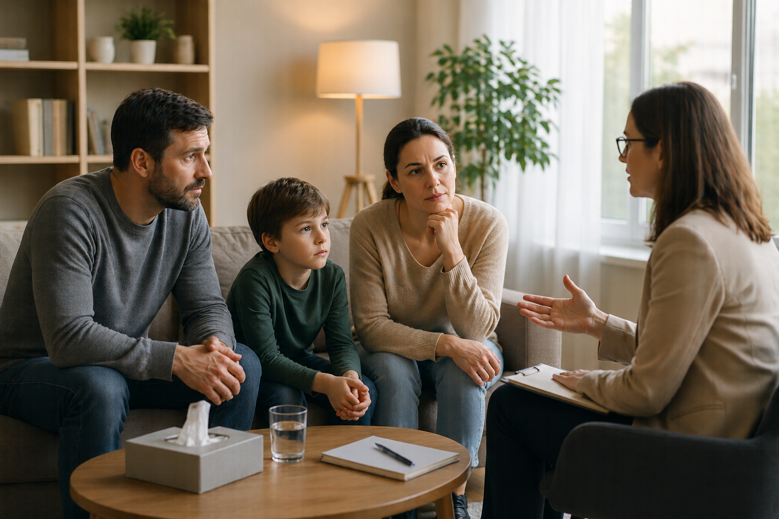 A family sitting together on a couch, each person looking in a different direction. The image conveys a sense of distance and tension within the family unit, highlighting the emotional weight of conflict.